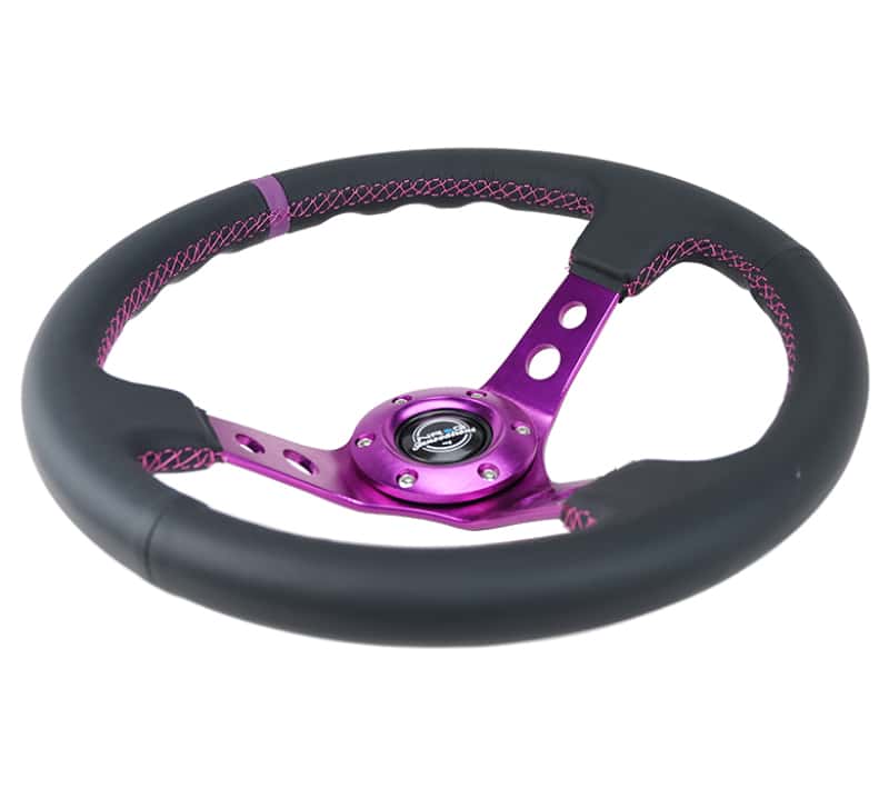 NRG — NRG Reinforced Steering Wheel (350mm / 3in. Deep) Black Leather w/Purple Center & Purple Stitching - view 3