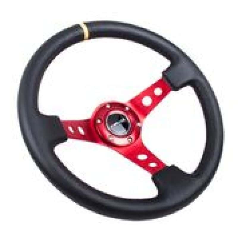 NRG — NRG Reinforced Steering Wheel (350mm / 3in. Deep) Blk Leather w/Red Spokes & Sgl Yellow Center Mark - view 2
