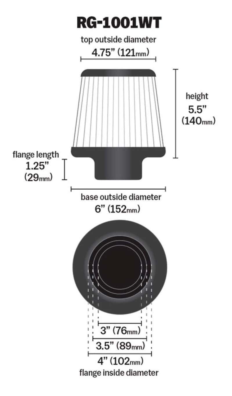K&N Engineering — K&N Universal Filter Chrome Round Tapered White - 4in Flange ID x 1.125in Flange Length x 5.5in H
Universal Clamp-On A
Clamp-on Air Filter - view 10