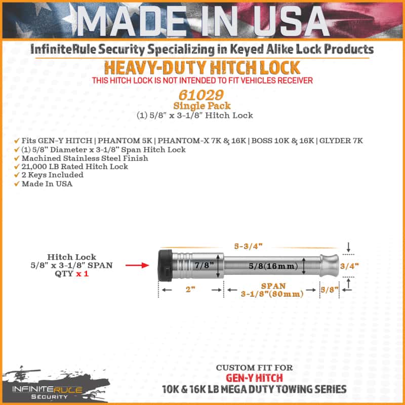 GEN-Y Hitch — Gen-Y InfiniteRule (1) 5/8in x 3-1/8in Hitch Lock w/2 Keys
Trailer Hitch Pin - view 3