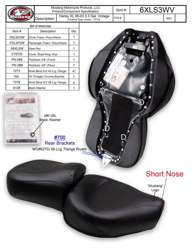 Mustang Motorcycle — Mustang 96-03 Harley Sportster 3.3 Gal Vintage Touring-XIS 1PC Seat - Blackl - view 2