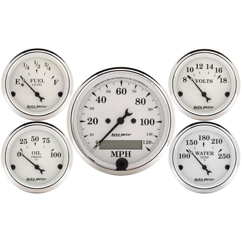 AutoMeter — Autometer Old Tyme White 5 Piece Kit (Elec Speed/Elec Oil Press/Water Temp/Volt/Fuel Level) In-Dash
OLD TYME WHITE 5 PC. - view 2