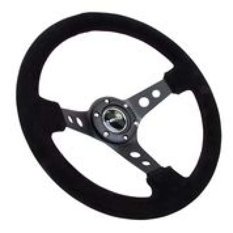 NRG — NRG Reinforced Steering Wheel (350mm / 3in. Deep) Blk Suede/Blk Stitch w/Black Circle Cutout Spokes - view 2
