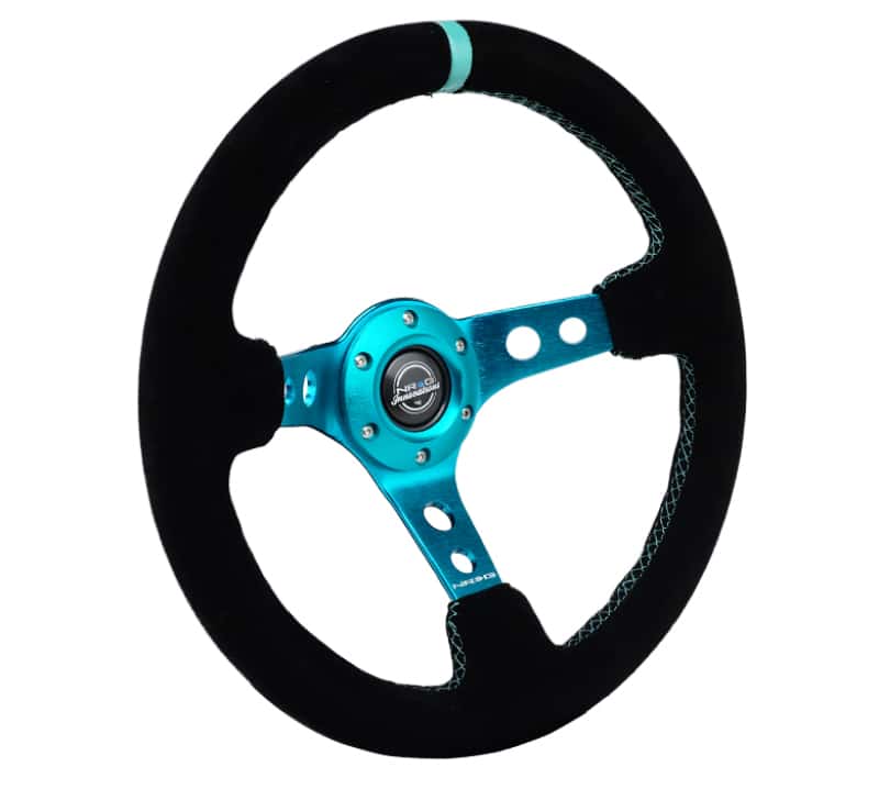 NRG — NRG Reinforced Steering Wheel (350mm/ 3in. Deep) Black Suede/ Teal Center Mark/ Teal Stitching - view 2