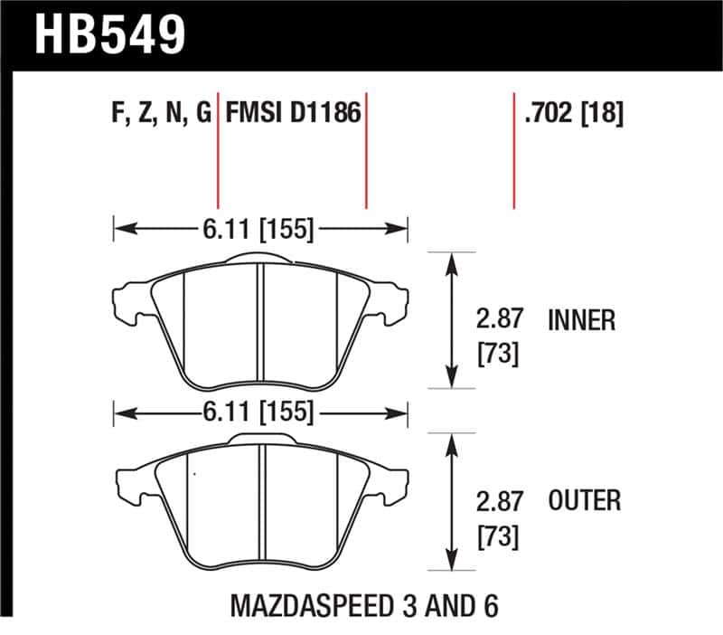 Hawk Performance — Hawk 07-08 Mazdaspeed3/06-07 Mazdaspeed6 HP+ Street Front Brake Pads
Disc Brake Pad - view 1