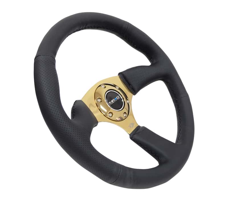 NRG — NRG Reinforced Steering Wheel (350mm / 2.5in. Deep) Leather Race Comfort Grip w/4mm Gold Spokes - view 2
