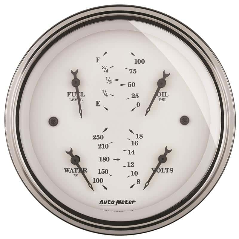 AutoMeter — AutoMeter Gauge Quad 3-3/8in. 0 Ohm(e) to 90 Ohm(f)Elec Old Tyme White
3-3/8" QUAD GA, FUEL - view 1