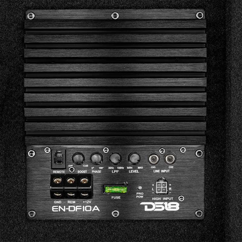 DS18 — DS18 Single 10in Shallow Subwoofer & Enclosure 300 Watt RMS Downfiring Sealed Black Carpet Amplified - view 4