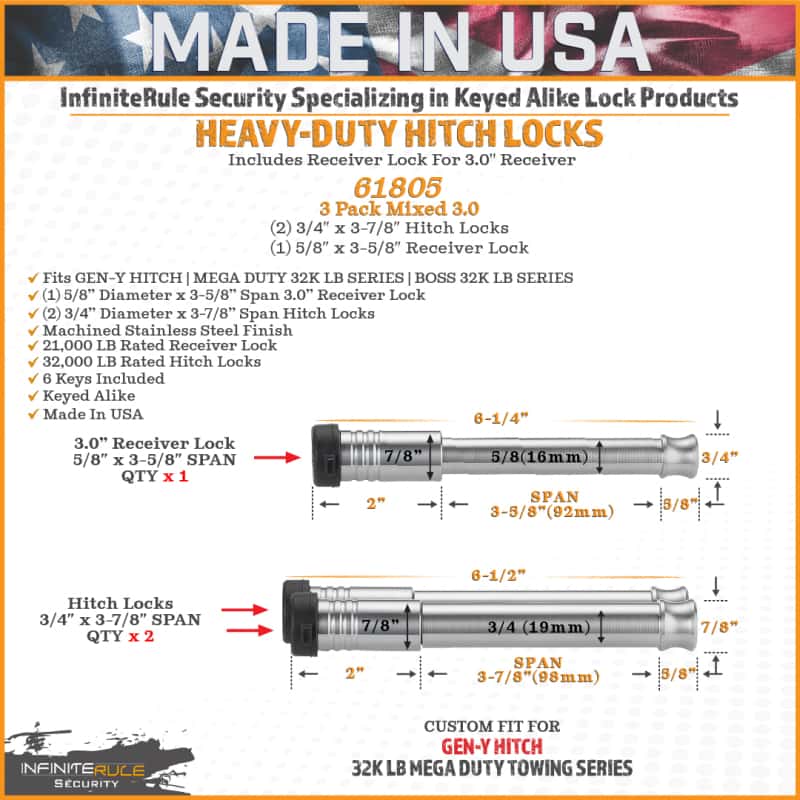 GEN-Y Hitch — Gen-Y InfiniteRule (2) 3/4in x 3-7/8in Hitch Locks (1) 5/8in x 3-5/8in 3.0in Receiver Lock w/6 Keys
Trailer Hitch Pin - view 3