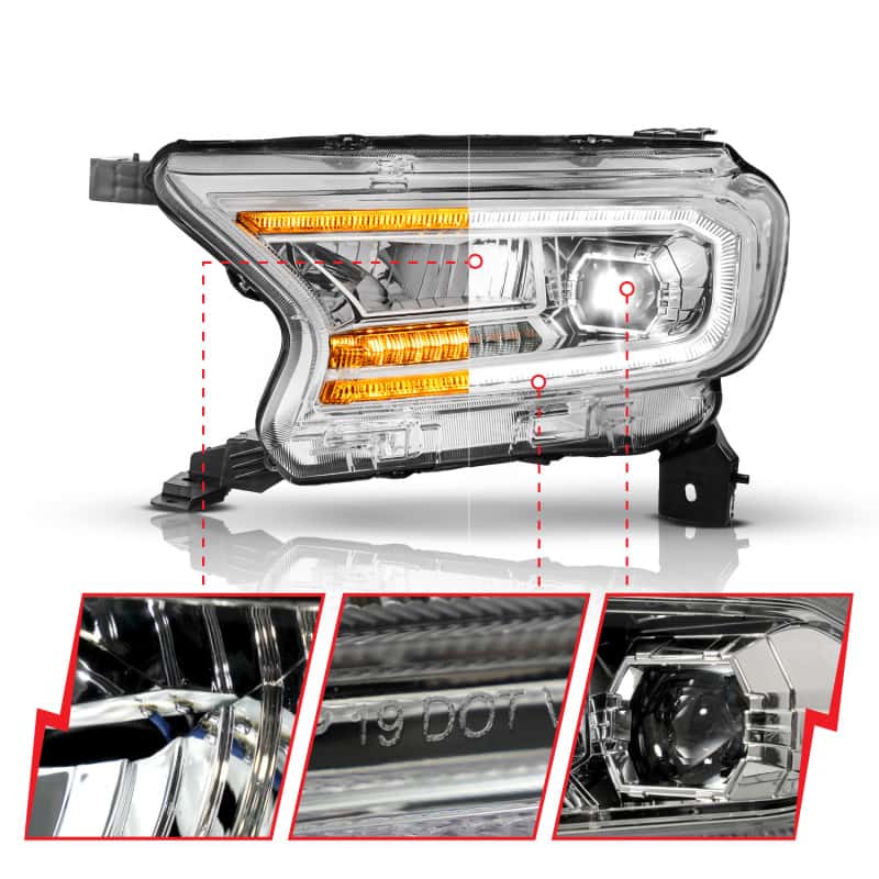 ANZO — ANZO 19-23 Ford Ranger (Factory Halogen Models) Full LED Proj Headlights DRL/SeqSig Chrome - Pair - view 3