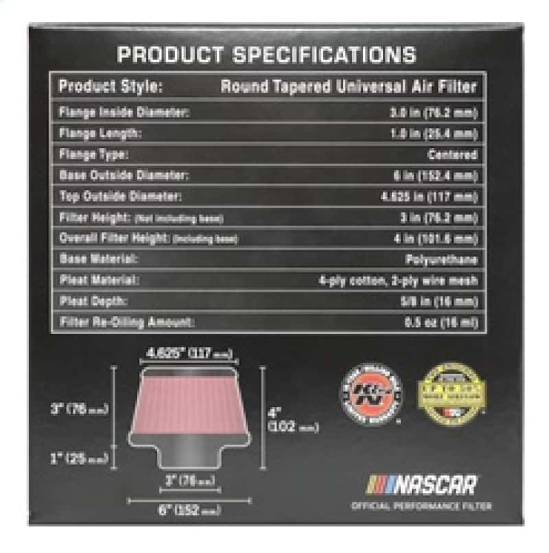 K&N Engineering — K&N Universal Round Clamp-On Air Filter 3in Flange ID x 6in Base OD x 4.625in Top OD x 3in Height
Universal Clamp-On A
Clamp-on Air Filter - view 7