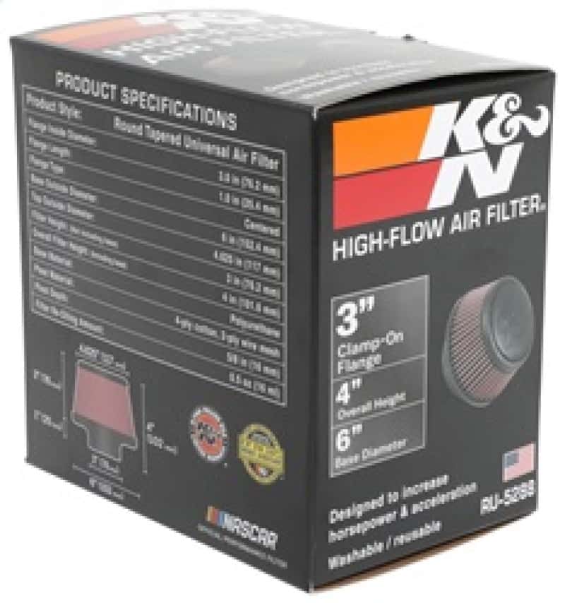 K&N Engineering — K&N Universal Round Clamp-On Air Filter 3in Flange ID x 6in Base OD x 4.625in Top OD x 3in Height
Universal Clamp-On A
Clamp-on Air Filter - view 3