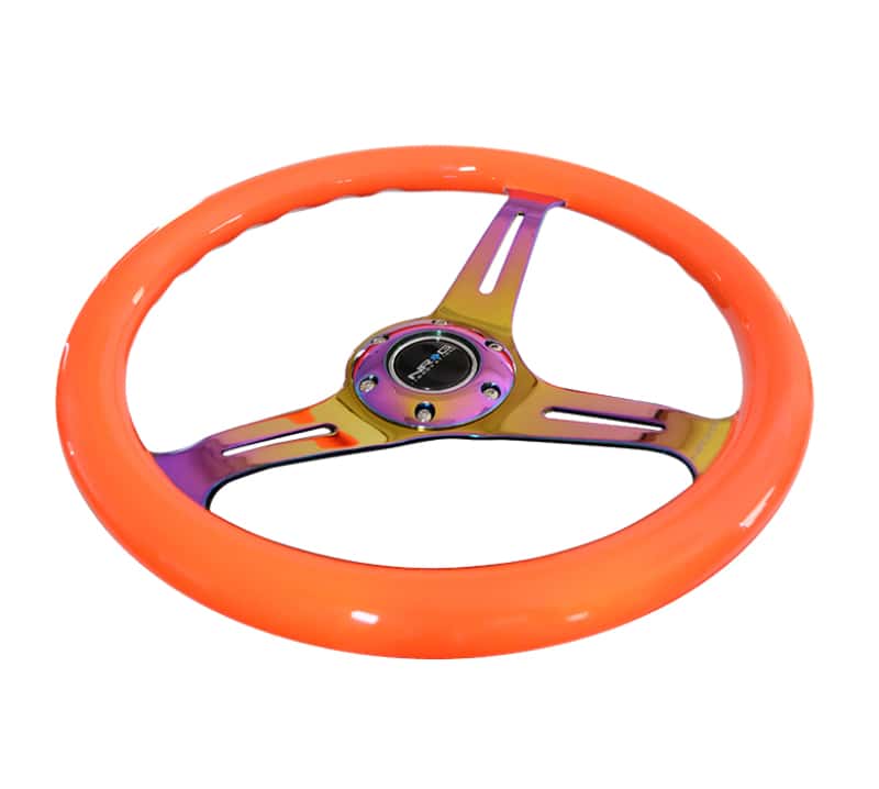 NRG — NRG Classic Wood Grain Steering Wheel (350mm) Neon Orange Color w/Neochrome Spokes - view 4