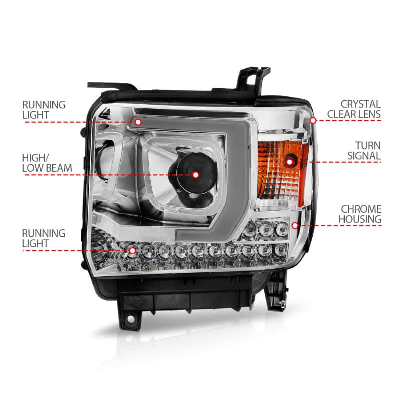 ANZO — ANZO 14-15 GMC Sierra 1500/2500HD/3500HD Plank Style Projector Headlight - Chrome Housing
Head Light Set
HdLtSet - view 10