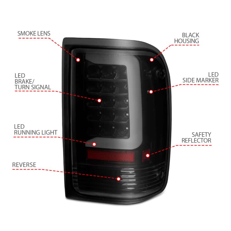 ANZO — ANZO 1993-1997 Ford  Ranger LED Tail Lights w/ Light Bar Black Housing Smoked Lens - view 8