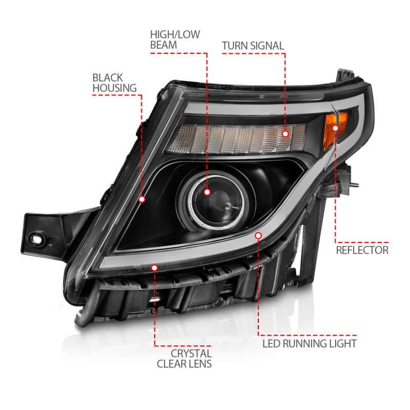 ANZO — ANZO 11-15 Ford Explorer (w/Factory Halogen HL Only) Projector Headlights w/Light Bar Black Housing
Head Light Set
HdLtSet - view 7