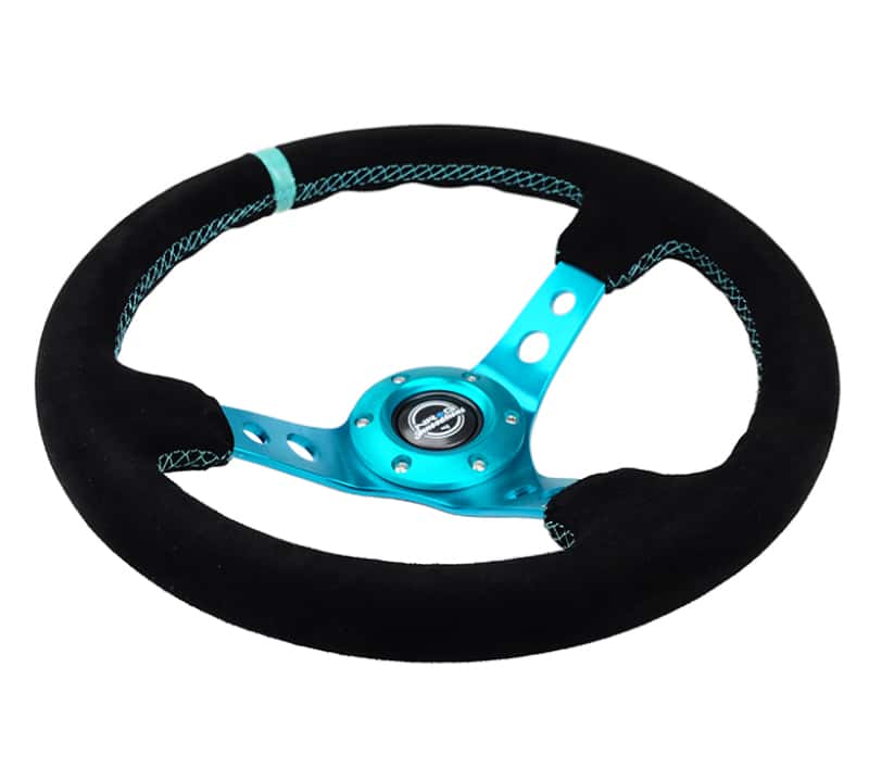 NRG — NRG Reinforced Steering Wheel (350mm/ 3in. Deep) Black Suede/ Teal Center Mark/ Teal Stitching - view 3