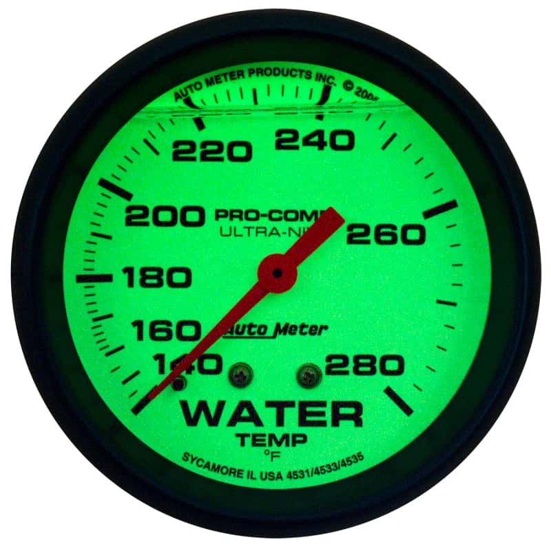 AutoMeter — AutoMeter Gauge Wtemp 2-5/8in. 140-280 Deg. F Liq Filled Mech 4ft. Glow In Dark Ultra-Nite
GA 2.6" WT 280F L UN - view 3