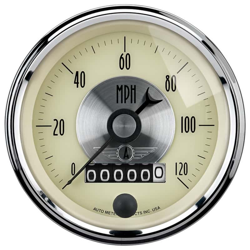 AutoMeter — AutoMeter Gauge Speedo 3-3/8in. 120MPH Elec. Program W/Wheel Odo Prestige Antique. Ivory
3-3/8" SPEEDO, 120 M - view 1