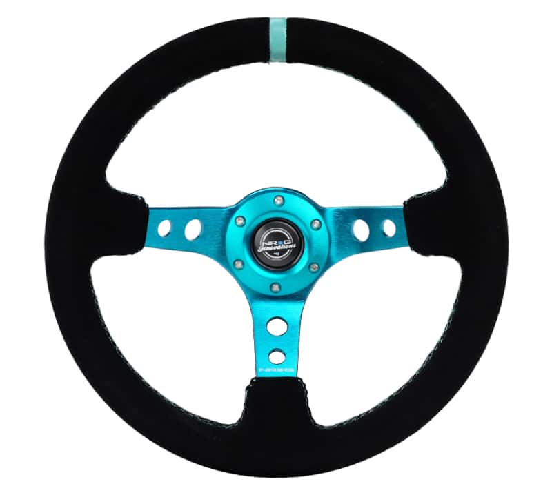 NRG — NRG Reinforced Steering Wheel (350mm/ 3in. Deep) Black Suede/ Teal Center Mark/ Teal Stitching - view 1