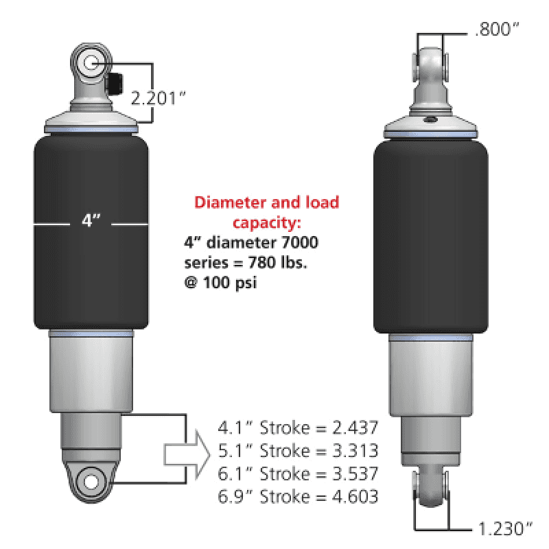 Ridetech — Ridetech HQ Series Rear ShockWaves 4.1in Travel 4in dia Rolling Sleeve .625 Bearing/.625 Bearing
HQ SKW 4" 4.1" Eye - view 2