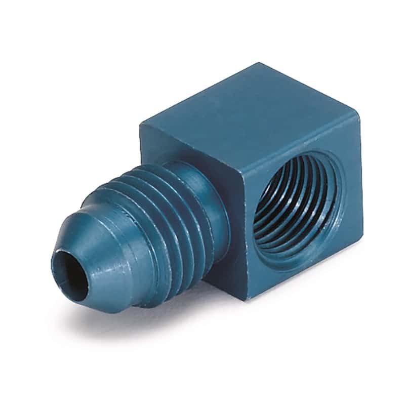 AutoMeter — AutoMeter Fitting Adapter 90 Deg. 1/8in. NPT Female To -4AN Male Aluminum Blue Anodized
90 FIT 1/8NPT - 4AN - view 1