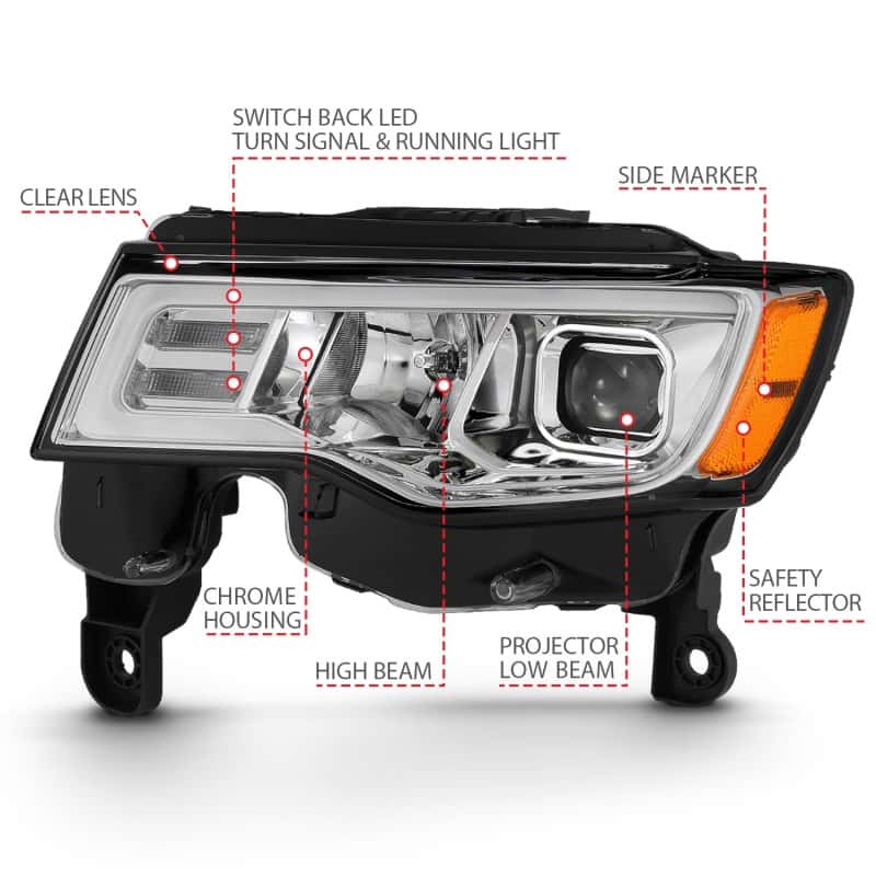 ANZO — ANZO 2017-2018 Jeep Grand Cherokee Projector Headlights w/ Plank Style Switchback - Chrome w/ Amber
Projector Headlights
Head Light Set - view 5