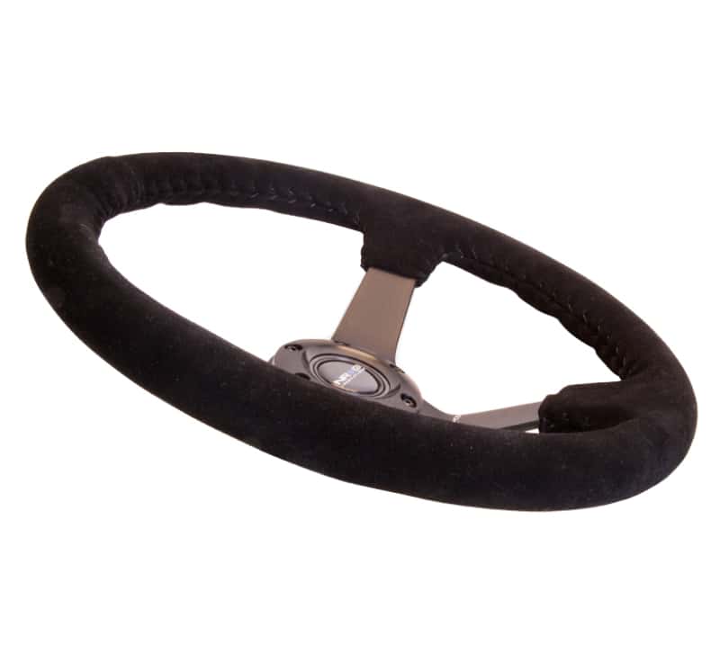 NRG — NRG Reinforced Steering Wheel (350mm / 3in. Deep) Blk Suede w/Blk BBall Stitch (Odi Bakchis Edition) - view 4