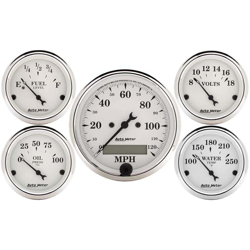 AutoMeter — Autometer Old Tyme White 5 Piece Kit (Elec Speed/Elec Oil Press/Water Temp/Volt/Fuel Level) In-Dash
OLD TYME WHITE 5 PC. - view 1