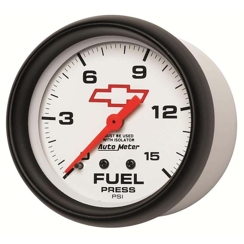 AutoMeter — AutoMeter Gauge Fuel Press 2-5/8in. 15PSI Mech W/Isolator Chevy Red Bowtie White
2-5/8" FUEL PRESS, 0 - view 3
