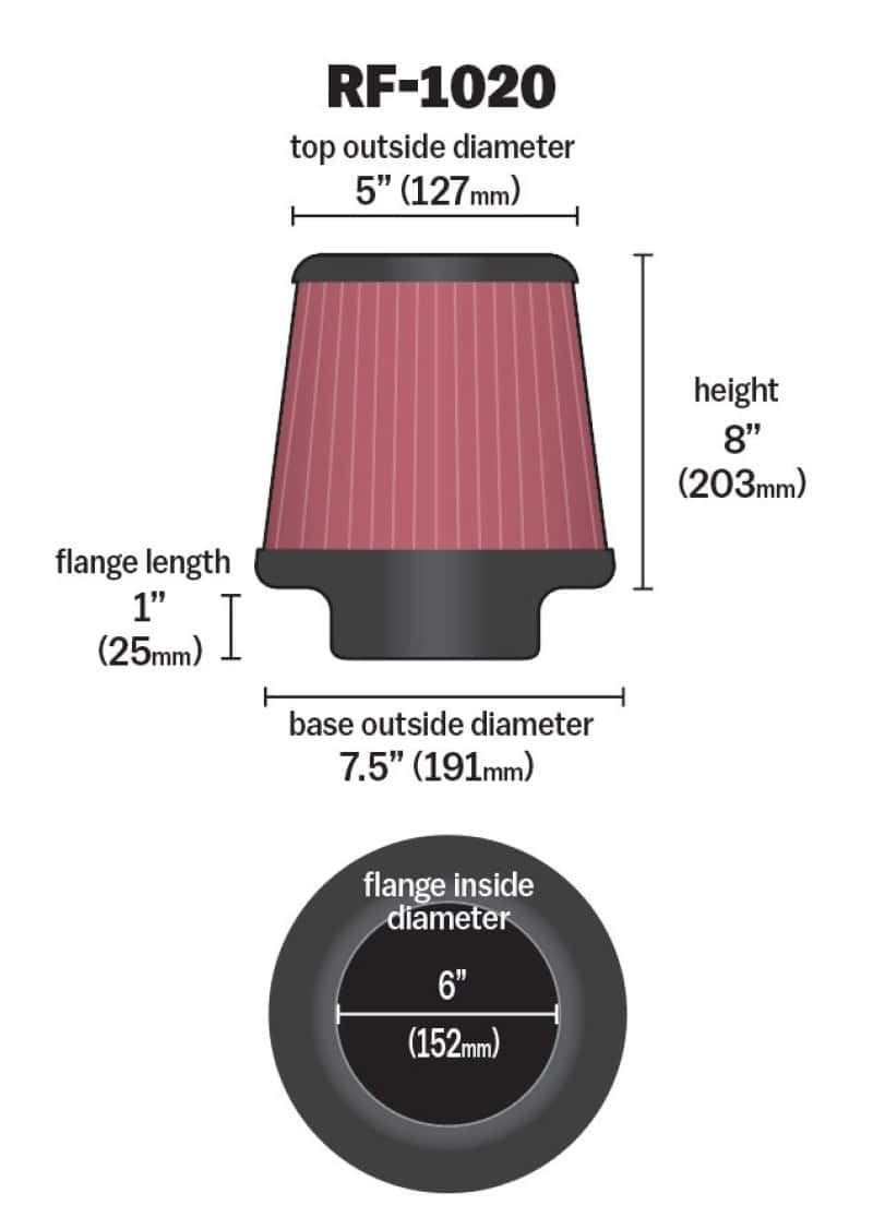 K&N Engineering — K&N Universal Air Filter 6in Flange ID x 7.5in Base / 5in OD Top x 8in H
Universal Clamp-On A
Clamp-on Air Filter - view 3