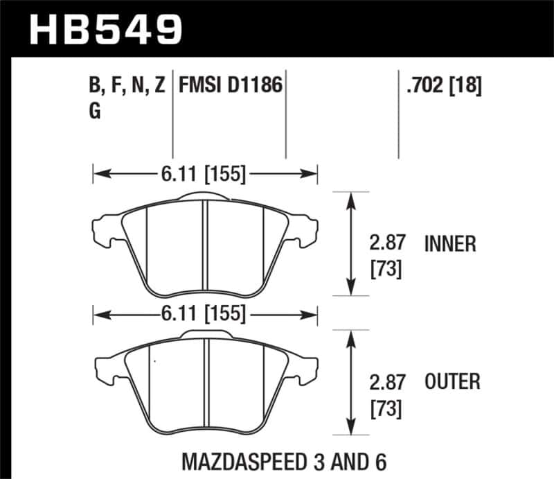 Hawk Performance — Hawk 07-11 Mazdaspeed3 / 06-11 Mazdaspeed6 / 05-09 Volvo V50 DTC-60 Front Race Brake Pads
Disc Brake Pad - view 3