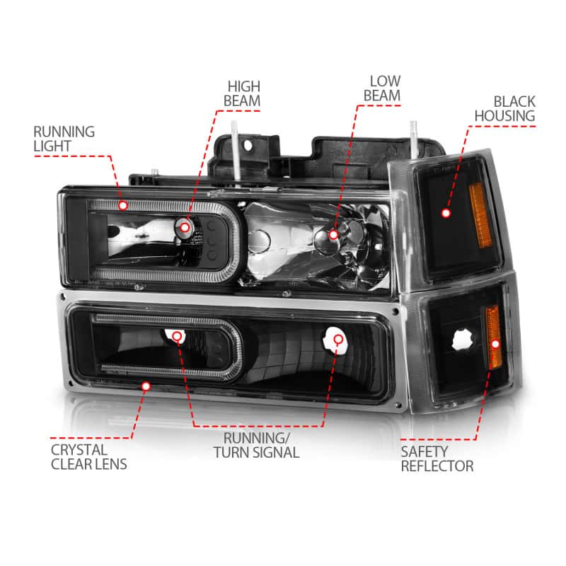 ANZO — ANZO 88-98 Chevrolet C1500 Crystal Headlights w/ Light Bar Black Housing w/ Signal Side Markers 8Pcs
Head Light Set
HdLtSet - view 10