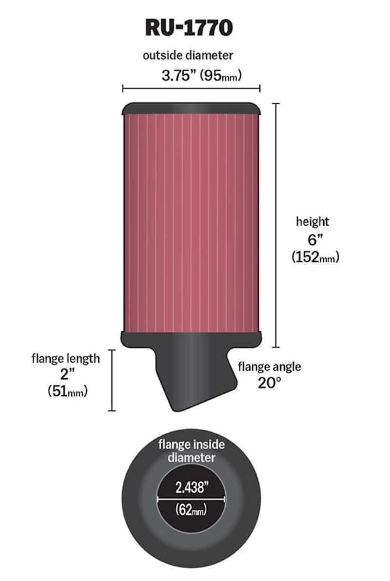 K&N Engineering — K&N Filter Universal Rubber Filter 2 7/16 inch 20 Degree Flange 3 3/4 inch OD 6 inch Height
Universal Clamp-On A
Clamp-on Air Filter - view 3