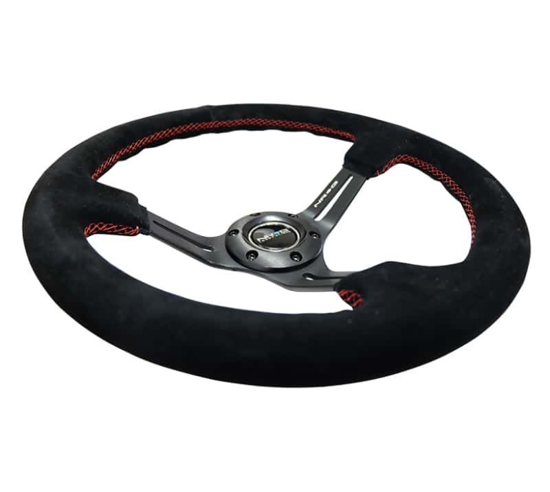 NRG — NRG Reinforced Steering Wheel (350mm / 3in. Deep) Blk Suede w/Red Stitching & 5mm Spokes w/Slits - view 3