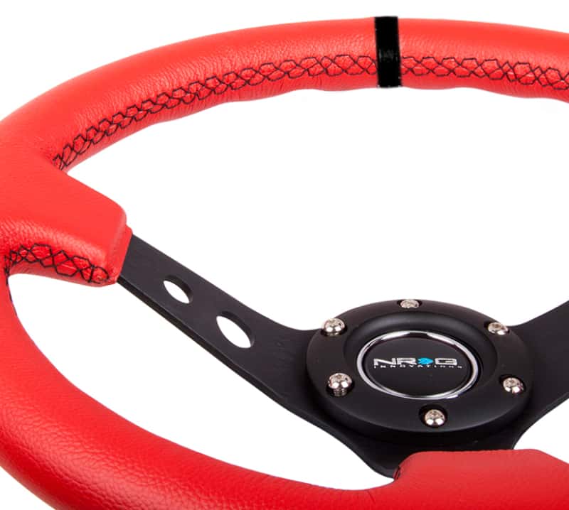 NRG — NRG Reinforced Steering Wheel (350mm / 3in. Deep) Red Suede w/Blk Circle Cutout Spokes - view 4