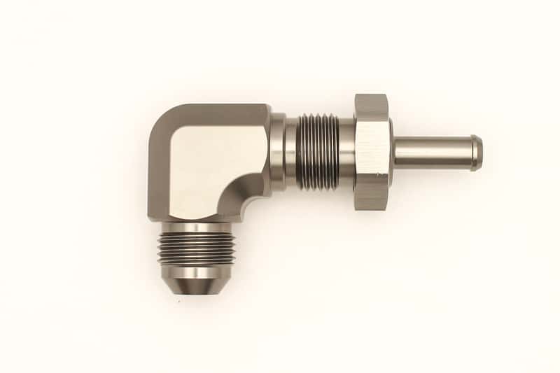 DeatschWerks — DeatschWerks 8AN Male Flare To 5/16in. Male Barb Bulkhead Adapter 90-Degree (Incl. Nut) - view 4