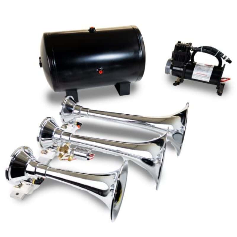 Kleinn Air Horns — Kleinn Triple Chrome Horn Kit w/150 PSI Waterproof 3.0 gal Air Tank
Triple TrainHorn Kit - view 2