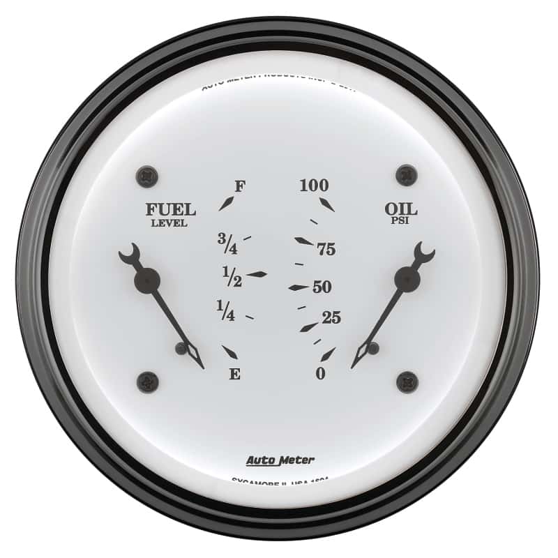 AutoMeter — AutoMeter Gauge Dual Fuel & Oilp 3-3/8in. 0 Ohm(e) to 90 Ohm(f)& 100PSI Elec Old Tyme White
3-3/8" DUAL, FUEL LE - view 3