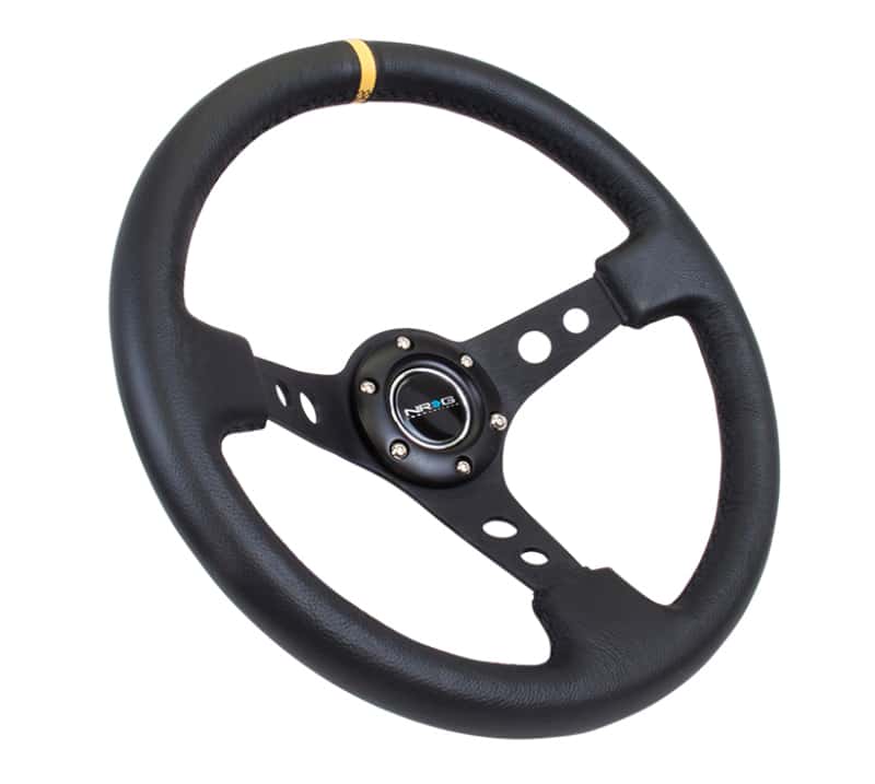 NRG — NRG Reinforced Steering Wheel (350mm / 3in. Deep) Blk Leather w/Blk Cutout Spoke/Yellow Center Mark - view 2