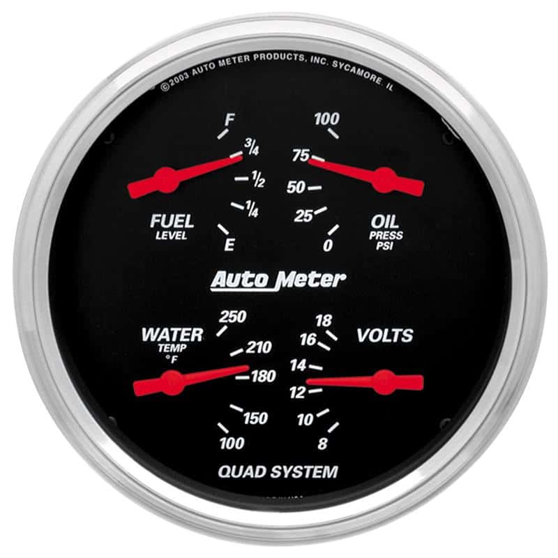 AutoMeter — Autometer Designer Black 5in Quad Gauge - Fuel Level / Oil Pressure / Water Temperature / Voltmeter
GA 5" QUAD 240-33 DB - view 1