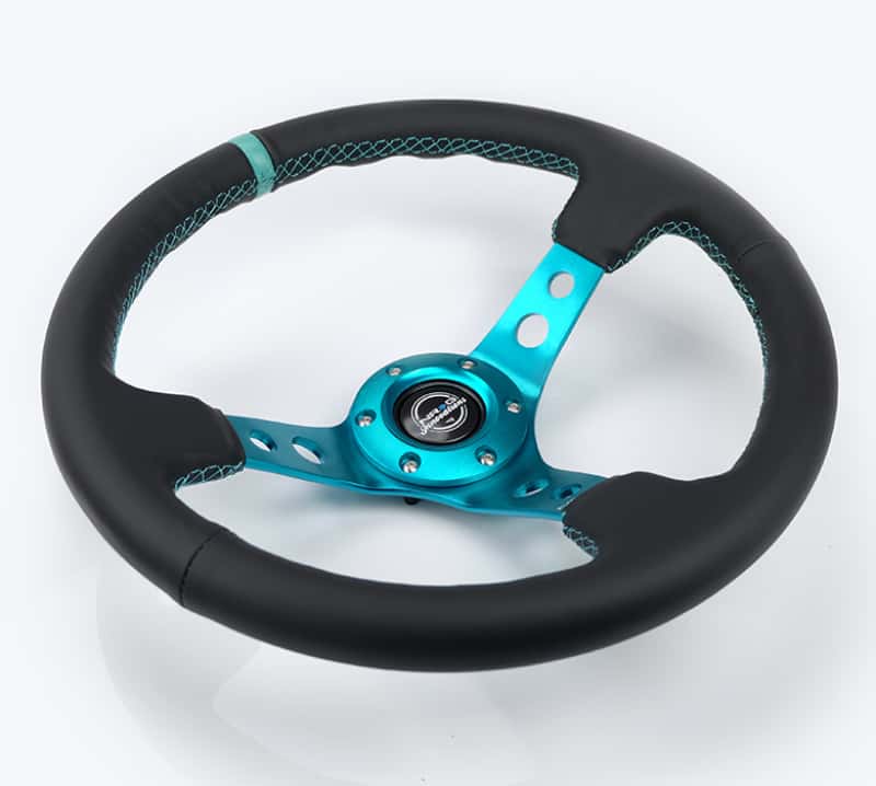 NRG — NRG Reinforce Steering Wheel (350mm / 3in. Deep) Blk Leather, Teal Center Mark w/ Teal Stitching - view 3