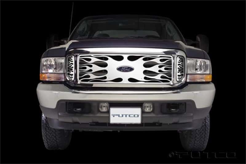 Putco — Putco 99-04 Ford SuperDuty w/ Logo CutOut (incl Side Vents) Flaming Inferno Stainless Steel Grille
Grille Insert - view 1