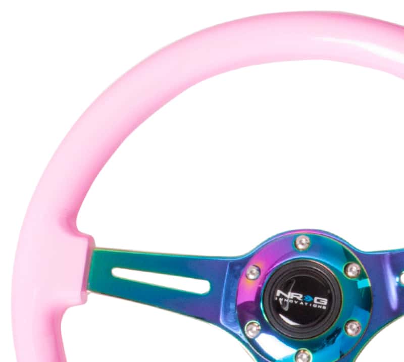 NRG — NRG Classic Wood Grain Steering Wheel (350mm) Solid Pink Painted Grip w/Neochrome 3-Spoke Center - view 3