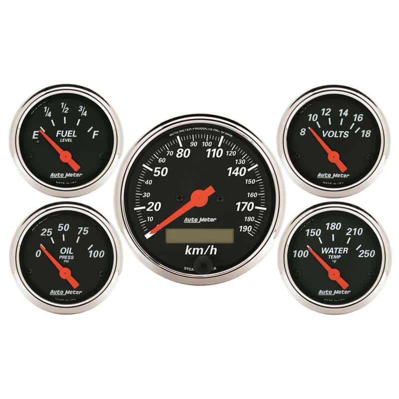 AutoMeter — Autometer Designer Black 5 Pc Kit w/ Elec KMH Speedo, Oil Press, Water Temp, Volt, Fuel Level
GA KT 5PC E SPD K DB - view 2