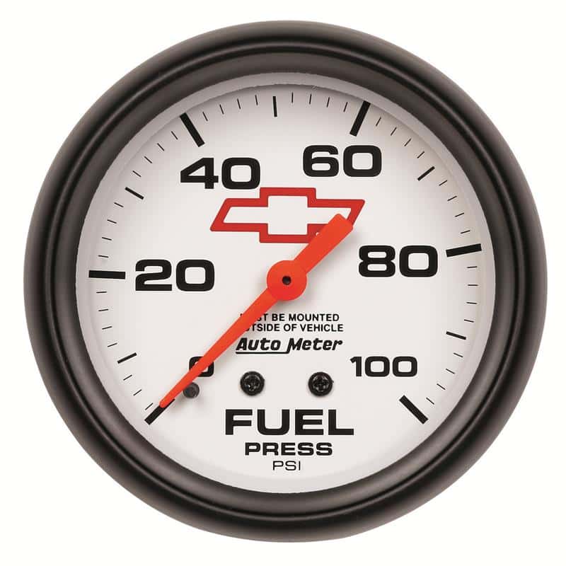 AutoMeter — AutoMeter Gauge Fuel Press 2-5/8in. 100PSI Mechanical Chevy Red Bowtie White
2-5/8" FUEL PRESS, 0 - view 2