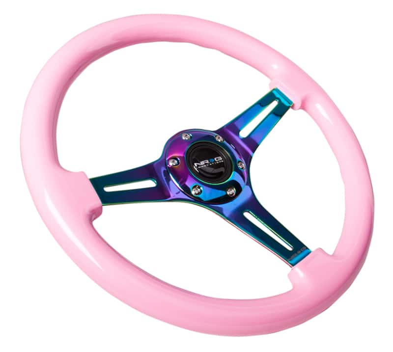 NRG — NRG Classic Wood Grain Steering Wheel (350mm) Solid Pink Painted Grip w/Neochrome 3-Spoke Center - view 2