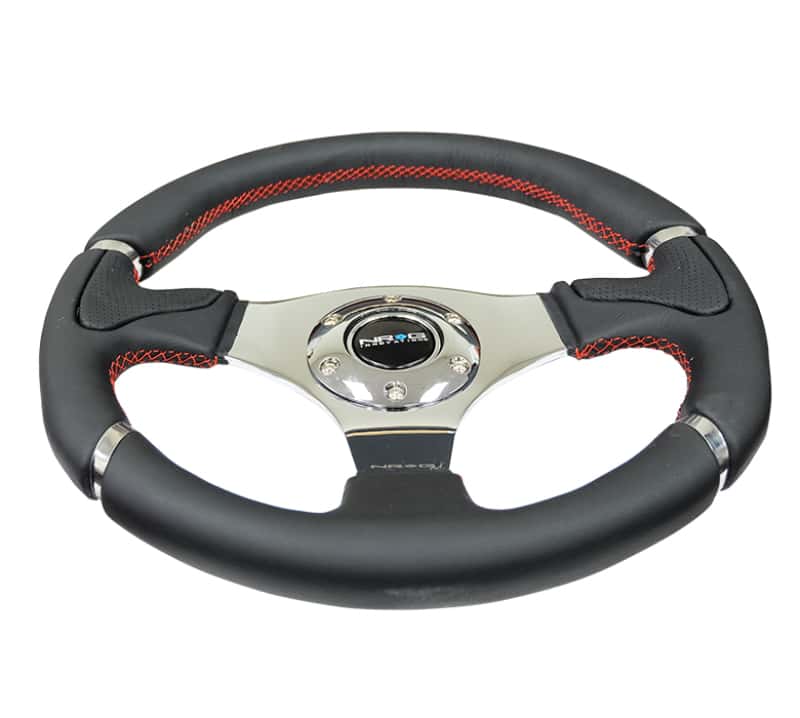 NRG — NRG Reinforced Steering Wheel (320mm) Blk Leather/Red Stitching w/Chrome 3-Spoke Center - view 3