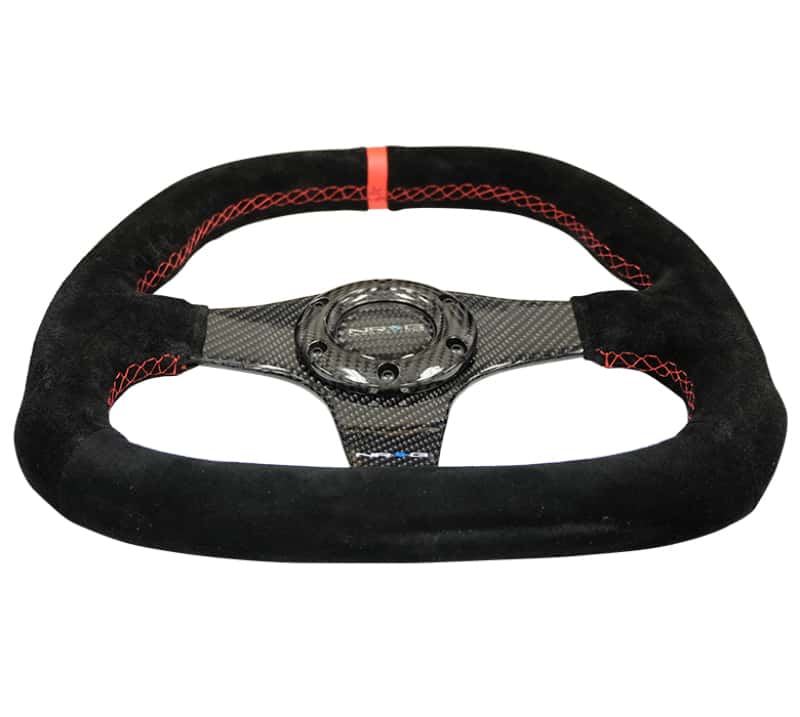 NRG — NRG Carbon Fiber Steering Wheel (320mm) Flat Btm. Blk Suede/Red Stitch w/CF Spokes & Red Center Mark - view 3