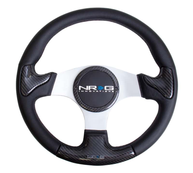NRG — NRG Carbon Fiber Steering Wheel (350mm) Silver Frame Blk Stitching w/Rubber Cover Horn Button - view 1
